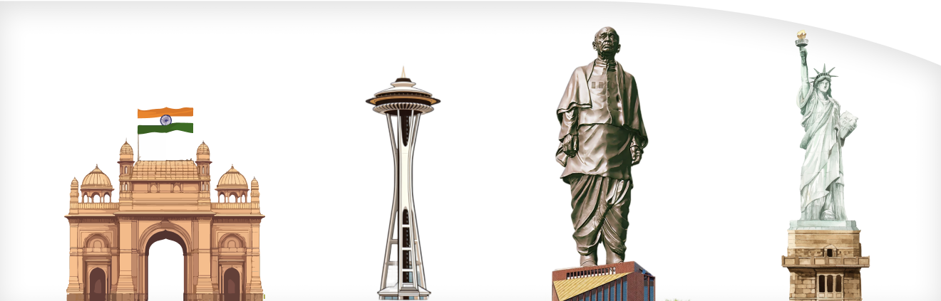 Landmark icons showing Red Fort, Golden Gate Bridge, Gateway of India, Statue of Liberty, Dome of Rock, Taj Mahal, Space Needle, Gandhi statue, and White House